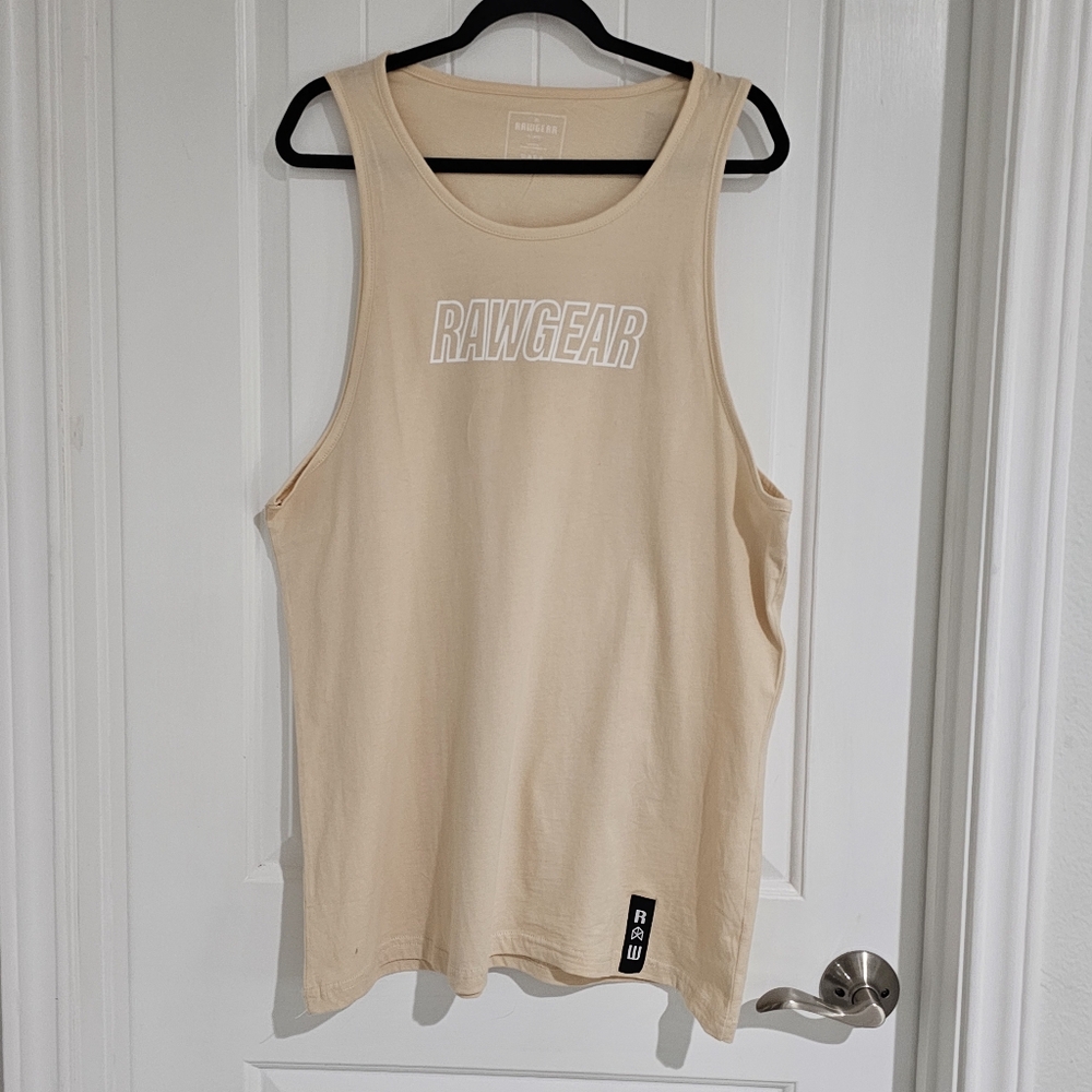 NWT Men's RawGear Beige Tan Sleeveless Graphic Athletic‎ Cotton Tank Shirt XL